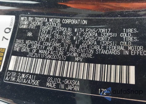 2008 Toyota Fj Cruiser из США, поврежденный, VIN JTEZU11F58K007610